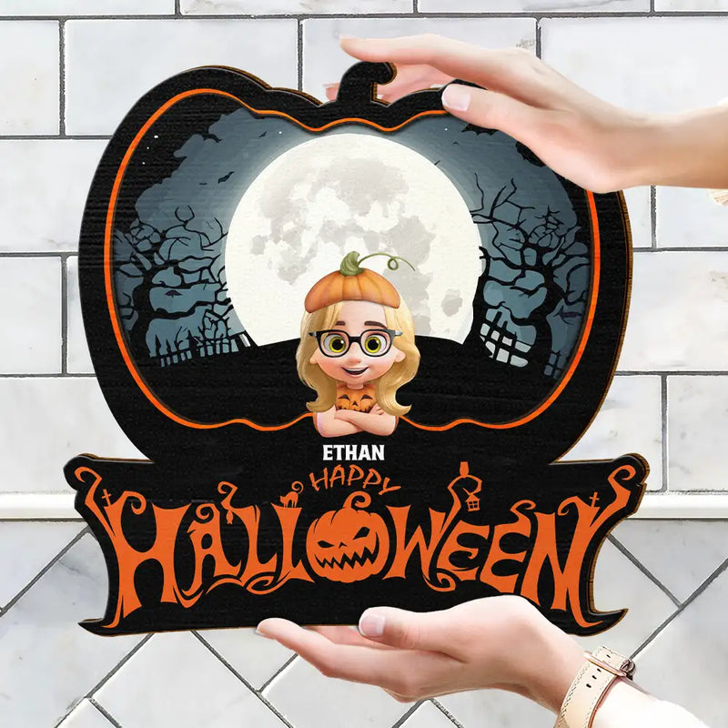 Family Costume Happy Halloween - Personalized Custom Shaped Wood Sign, Halloween Decoration