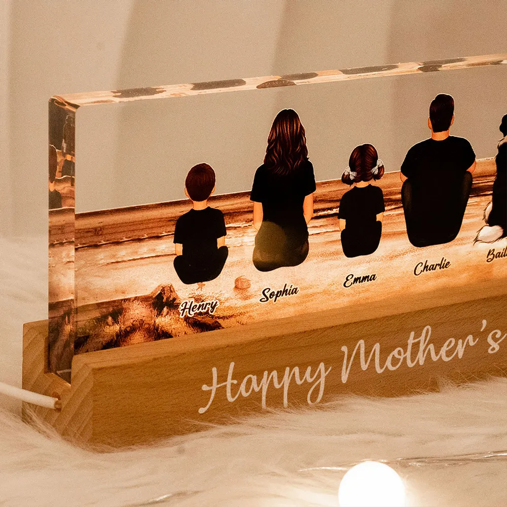Family Sitting Back View Retro Vintage Beach Landscape - Personalized Acrylic LED Night Light - Gift For Family Members, Mom and Dad