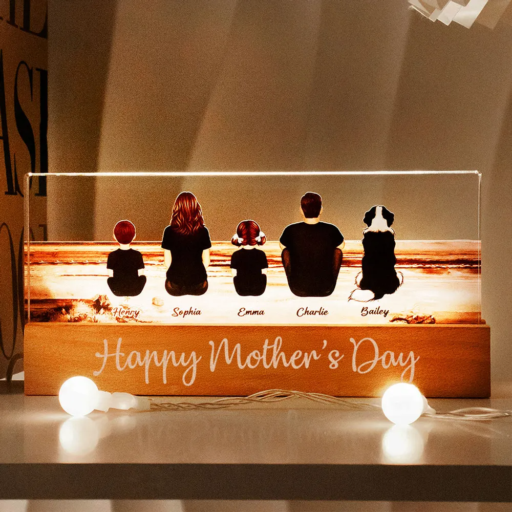 Family Sitting Back View Retro Vintage Beach Landscape - Personalized Acrylic LED Night Light - Gift For Family Members, Mom and Dad