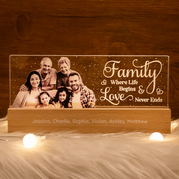 Family Where Life Begins & Love Never Ends - Personalized Acrylic LED Night Light - Gift For Family Members, Mom and Dad