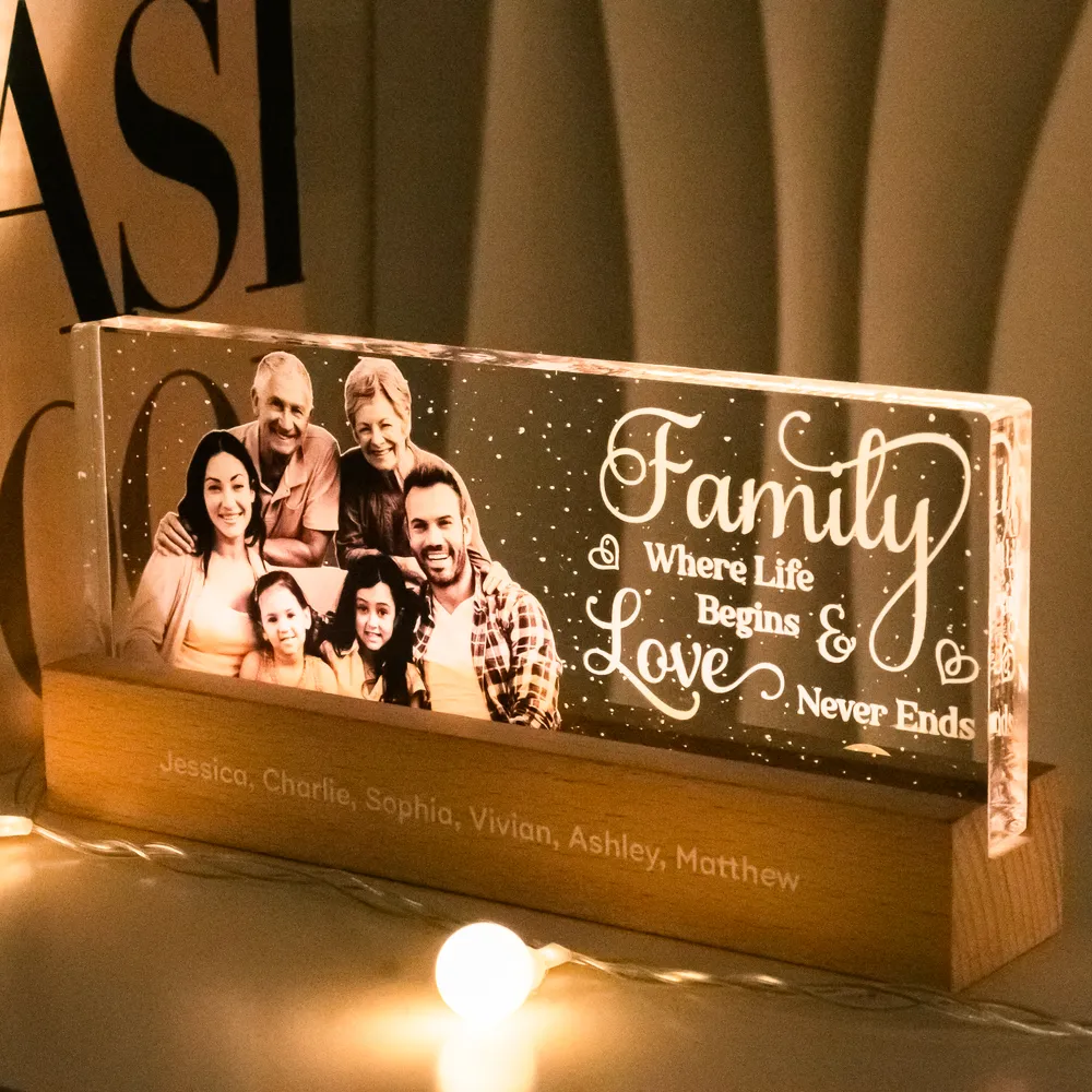 Family Where Life Begins & Love Never Ends - Personalized Acrylic LED Night Light - Gift For Family Members, Mom and Dad