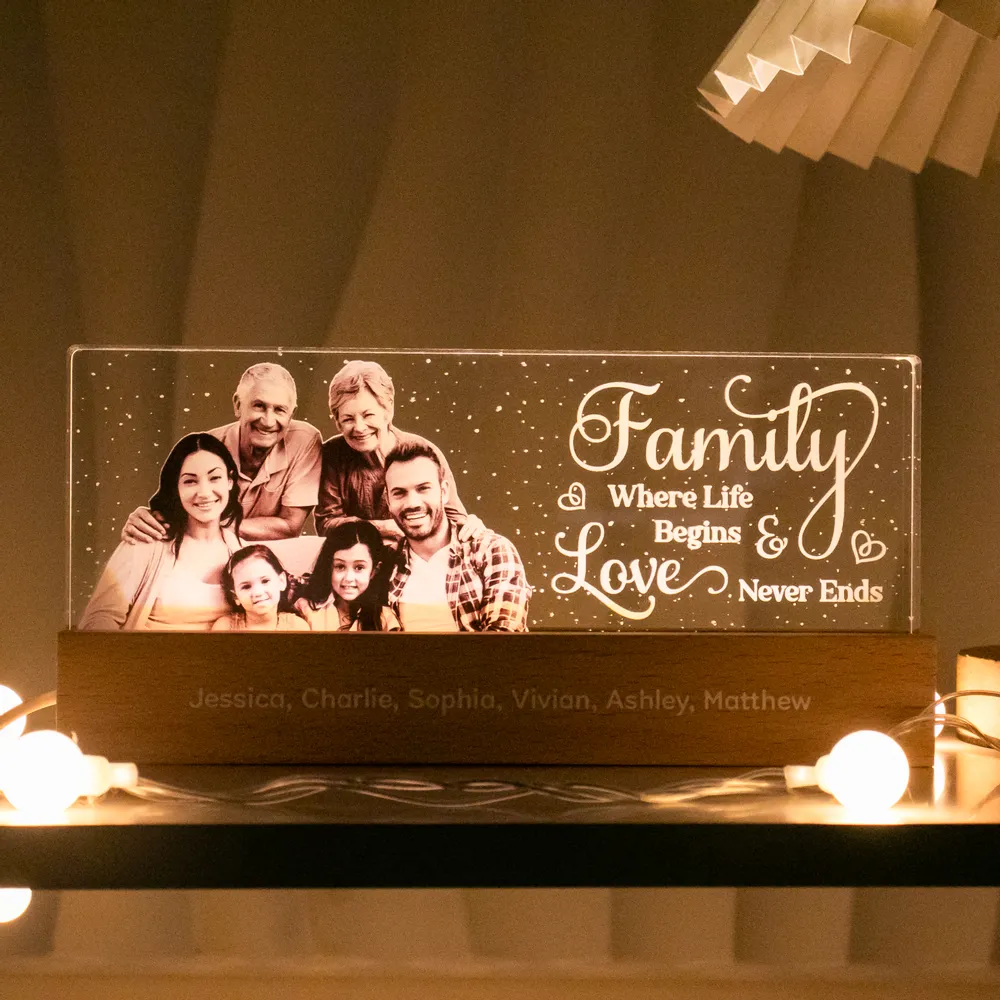 Family Where Life Begins & Love Never Ends - Personalized Acrylic LED Night Light - Gift For Family Members, Mom and Dad