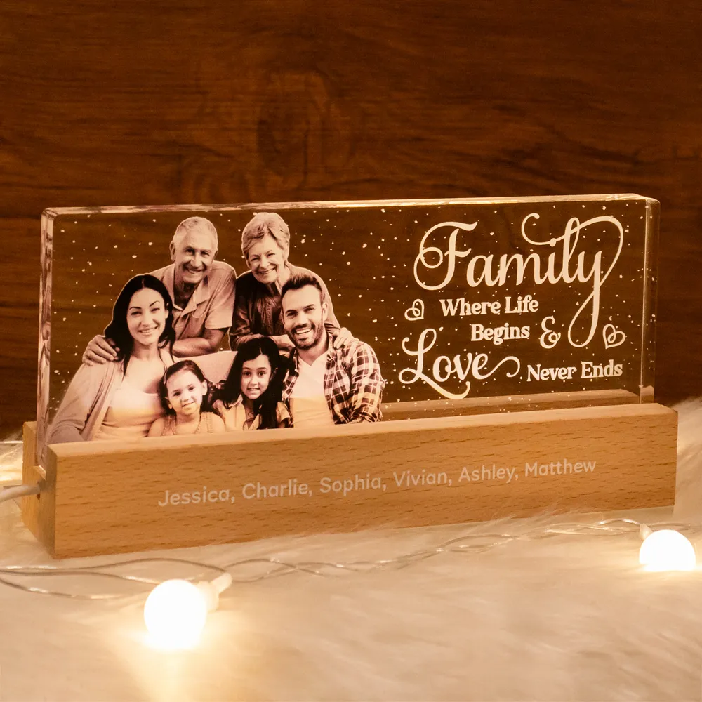 Family Where Life Begins & Love Never Ends - Personalized Acrylic LED Night Light - Gift For Family Members, Mom and Dad