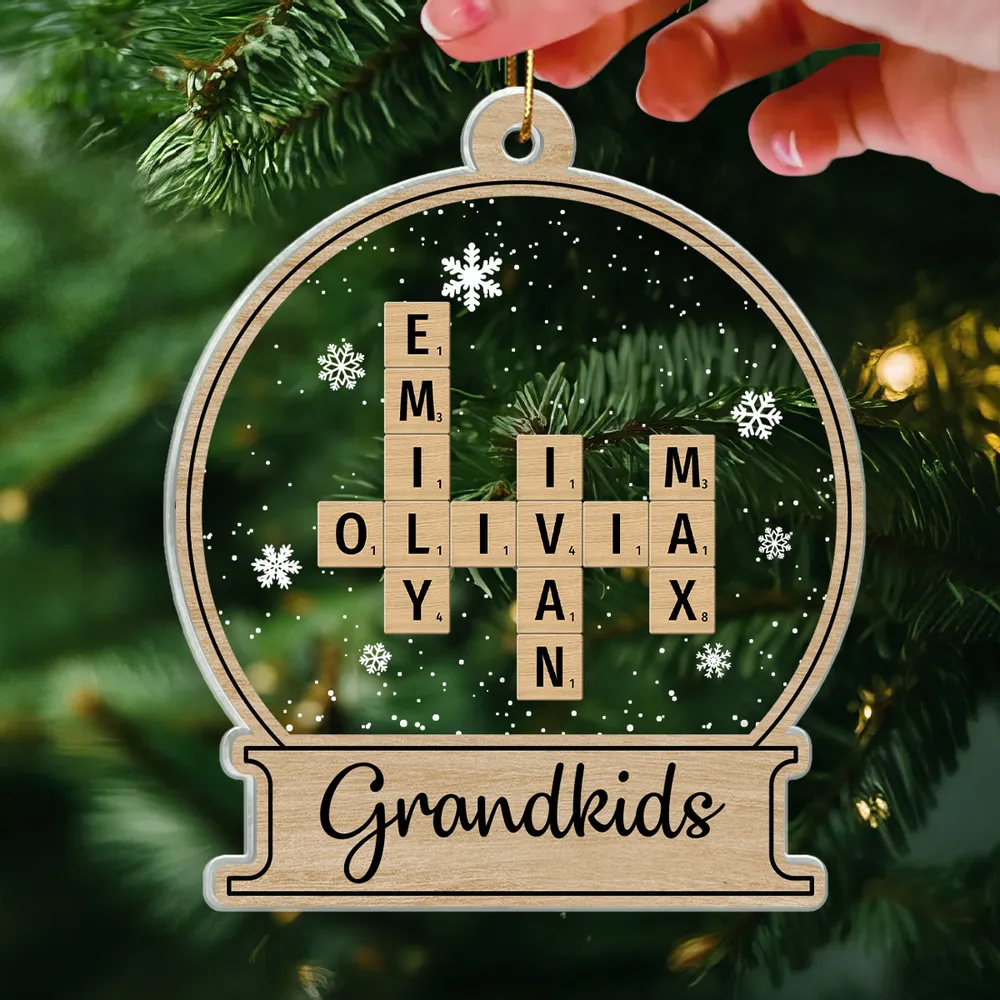 Snow Globe Family Crossword Puzzle - Personalized Custom Shaped Acrylic Ornament - Christmas Gift For Family Members, Mom, Dad, Grandparents