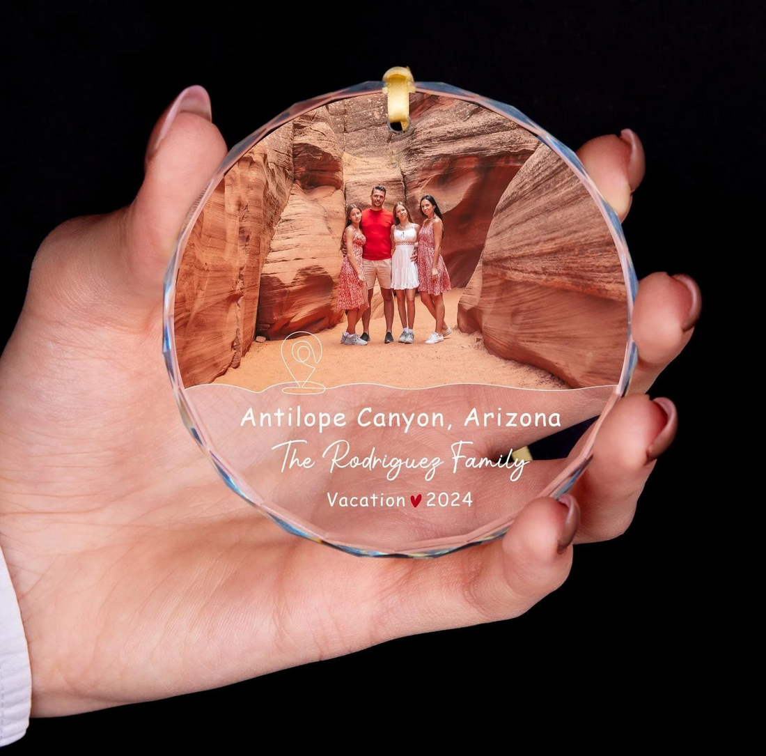 Custom Photo Family Vacation Keepsake circle glass ornament, alternate view 2