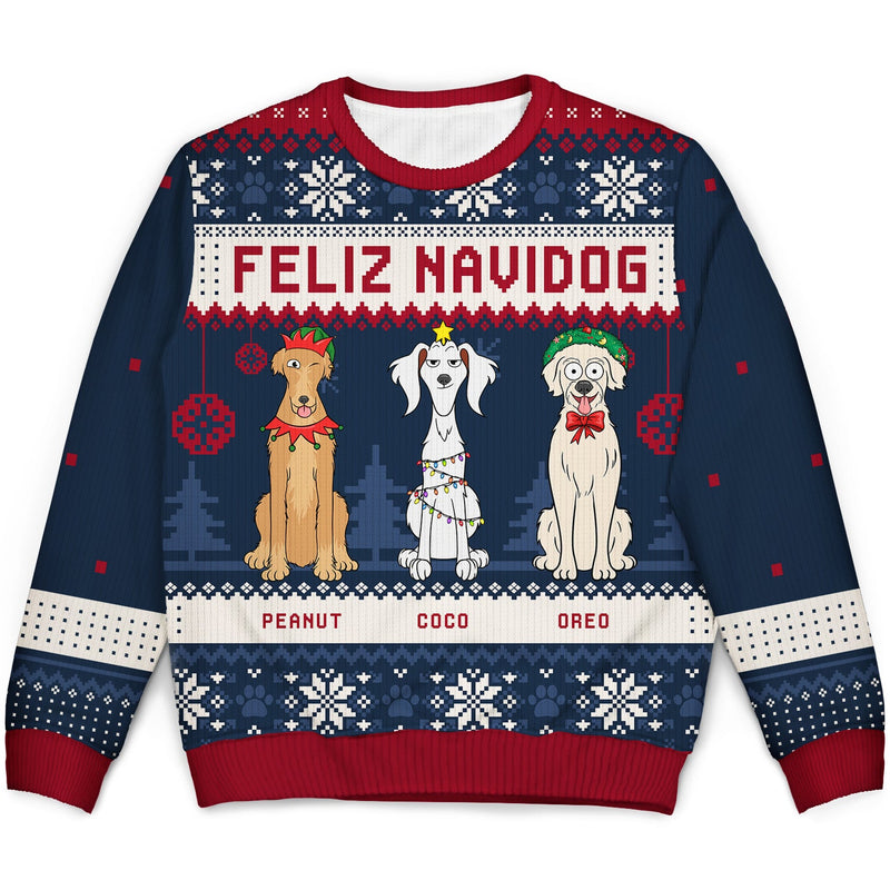 Feliz Navidog Merry Woofmas Funny Cartoon Dogs - Personalized Custom Ugly Sweater - Christmas Gift For Dog Lovers, Dog Moms, Dog Dads