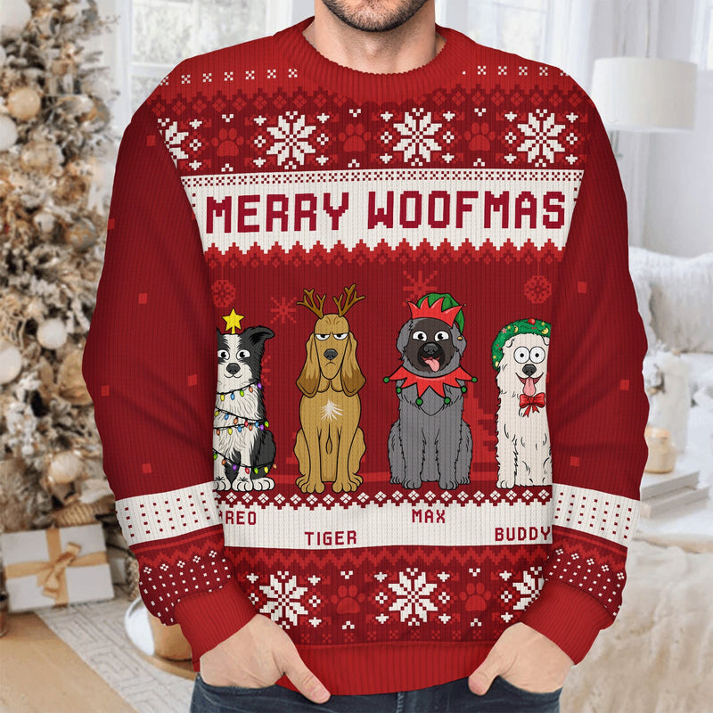 Feliz Navidog Merry Woofmas Funny Cartoon Dogs - Personalized Custom Ugly Sweater - Christmas Gift For Dog Lovers, Dog Moms, Dog Dads