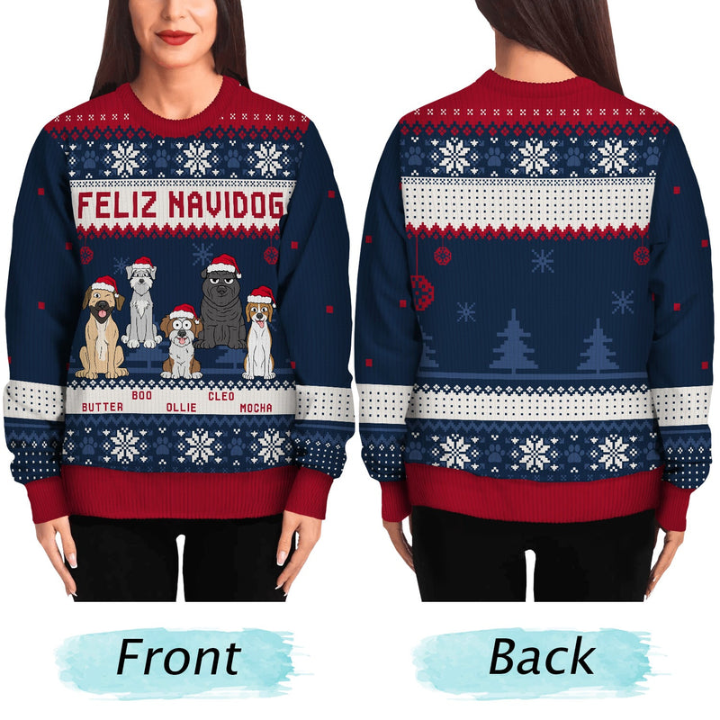 Feliz Navidog Merry Woofmas Funny Cartoon Dogs - Personalized Custom Ugly Sweater - Christmas Gift For Dog Lovers, Dog Moms, Dog Dads