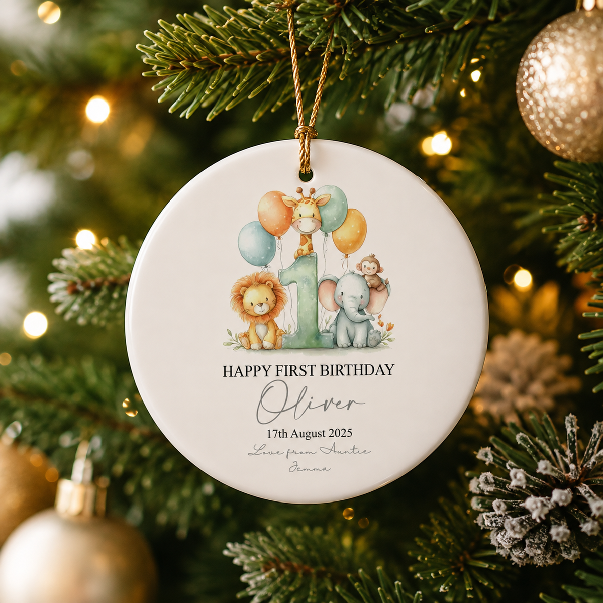 First Birthday With Safari Animals - Personalized Circle Ceramic Ornament - Babies First Christmas Gifts
