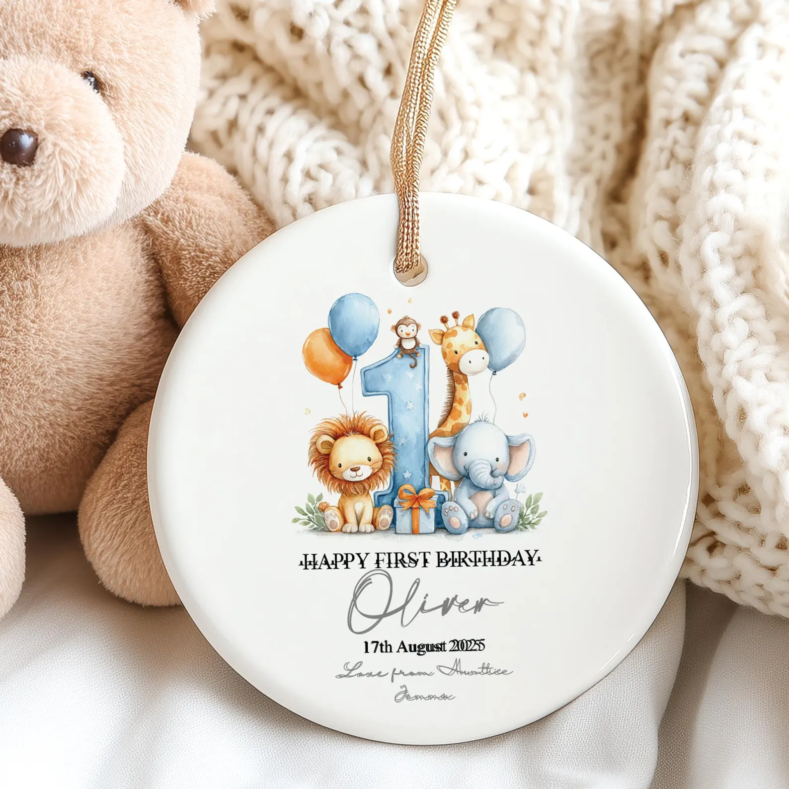 First Birthday With Safari Animals - Personalized Circle Ceramic Ornament - Babies First Christmas Gifts