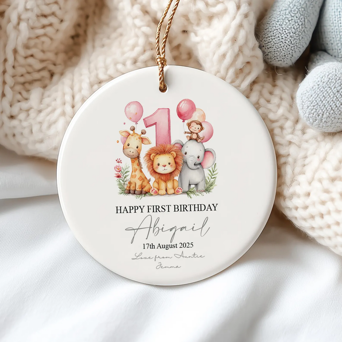 First Birthday With Safari Animals - Personalized Circle Ceramic Ornament - Babies First Christmas Gifts