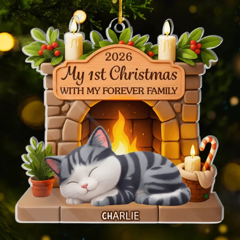 First Christmas With My Forever Family Cat Lovers - Personalized Custom Shaped Acrylic Ornament - Christmas Gift for Cat Lovers, Cat Mom, Cat Dad
