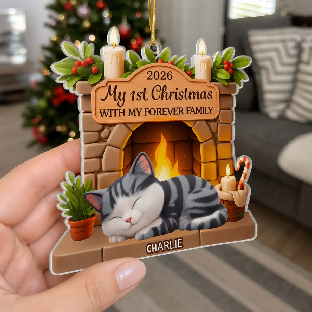 First Christmas With My Forever Family Cat Lovers - Personalized Custom Shaped Acrylic Ornament - Christmas Gift for Cat Lovers, Cat Mom, Cat Dad
