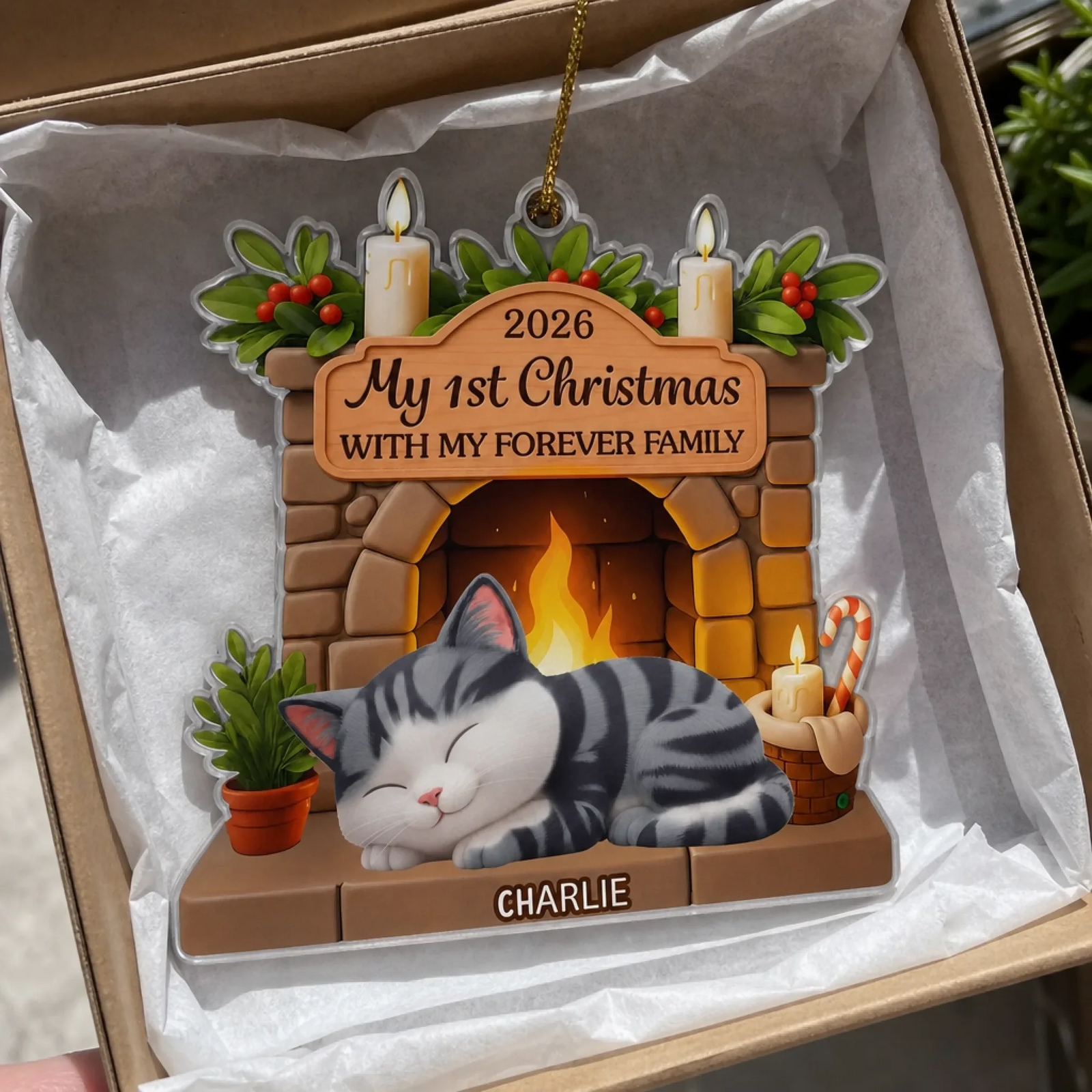 First Christmas With My Forever Family Cat Lovers - Personalized Custom Shaped Acrylic Ornament - Christmas Gift for Cat Lovers, Cat Mom, Cat Dad