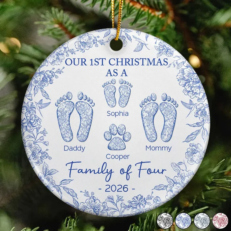 First Christmas As A Family Of Four Toile Footprints - Personalized Circle Ceramic Ornament - Babies First Christmas Gifts
