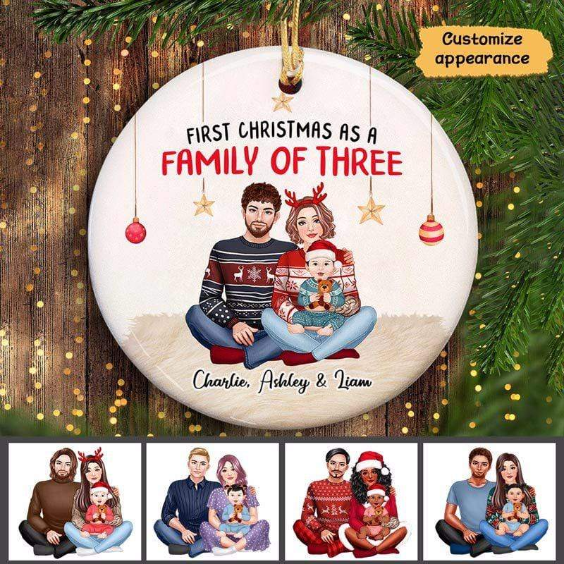 First Christmas As A Family Parents &amp; Baby - Personalized Circle Ceramic Ornament - Babies 1st Christmas Gifts