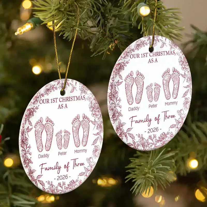 First Christmas As A Family Of Four Toile Footprints - Personalized Circle Ceramic Ornament - Babies First Christmas Gifts