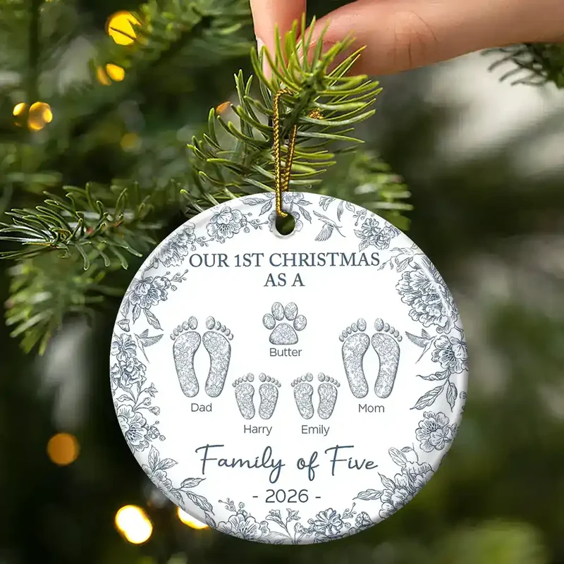 First Christmas As A Family Of Four Toile Footprints - Personalized Circle Ceramic Ornament - Babies First Christmas Gifts