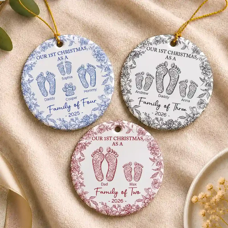 First Christmas As A Family Of Four Toile Footprints - Personalized Circle Ceramic Ornament - Babies First Christmas Gifts