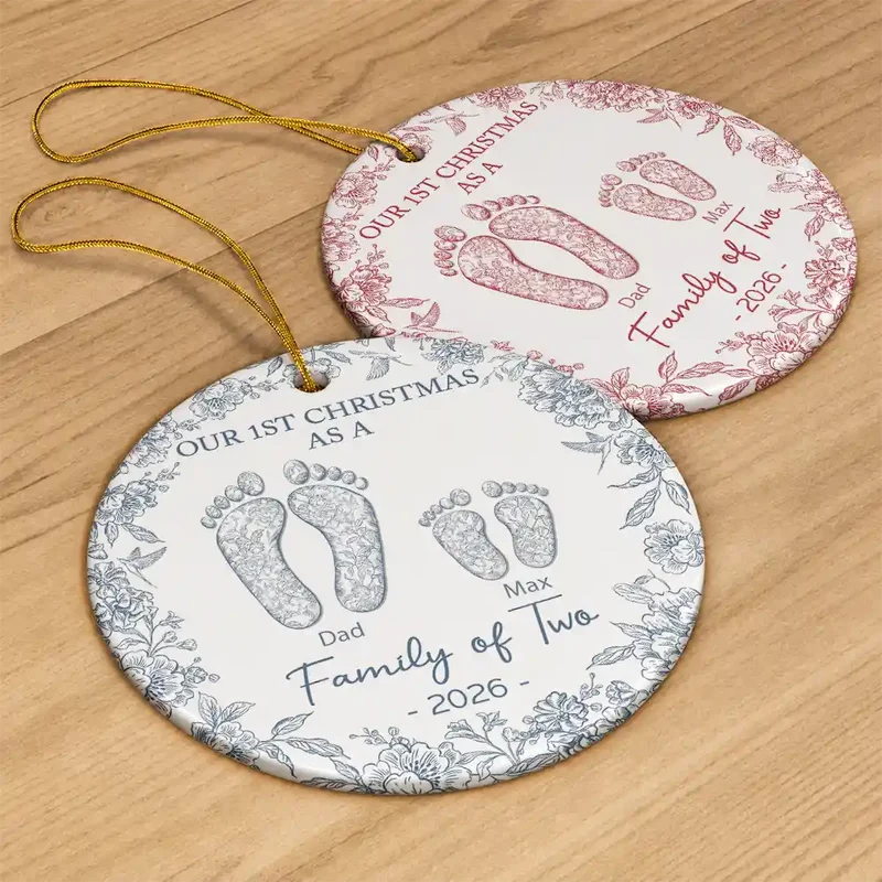 First Christmas As A Family Of Four Toile Footprints - Personalized Circle Ceramic Ornament - Babies First Christmas Gifts
