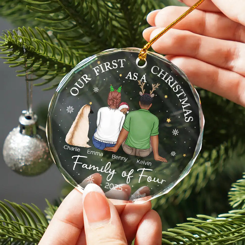 First Christmas As A Family Of Three New Parents personalized circle glass ornament, alternate view 2