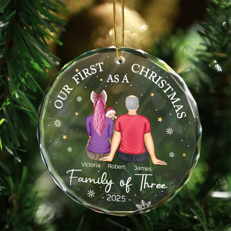 First Christmas As A Family Of Three New Parents - Personalized Circle Glass Ornament - Babies 1st Christmas Gifts