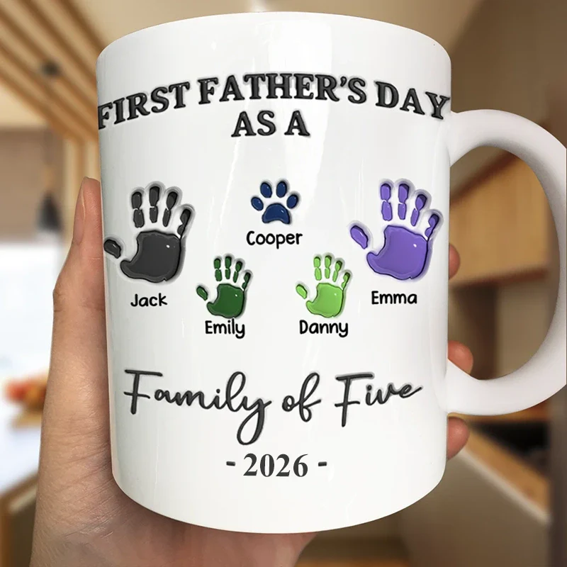 First Time Ever As A Family Of Three Handprints 3D Inflated Effect - Personalized Mug - Gift For New Dad, New Mom