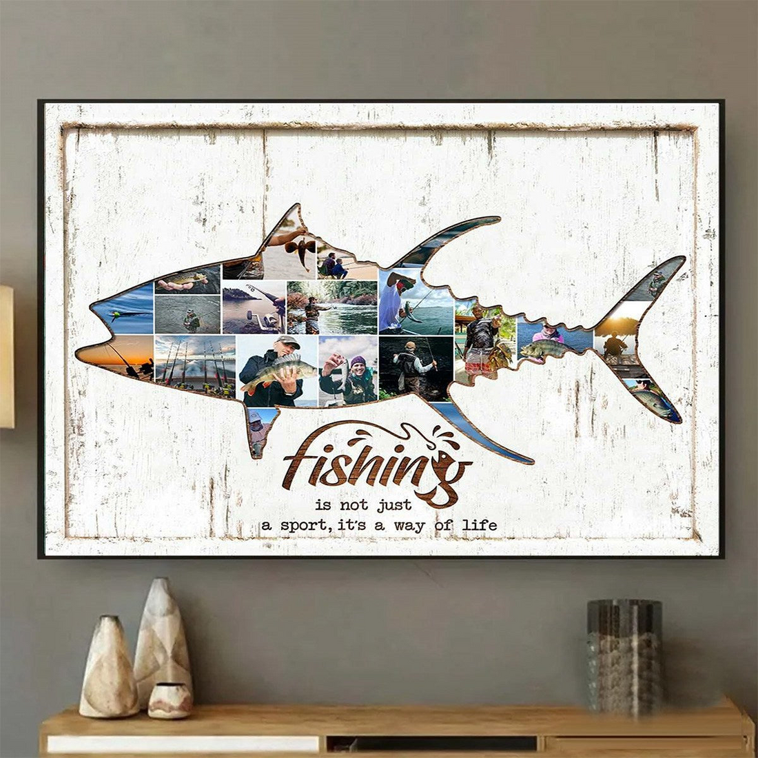 Custom Photo Fishing poster, framed in a bright living room