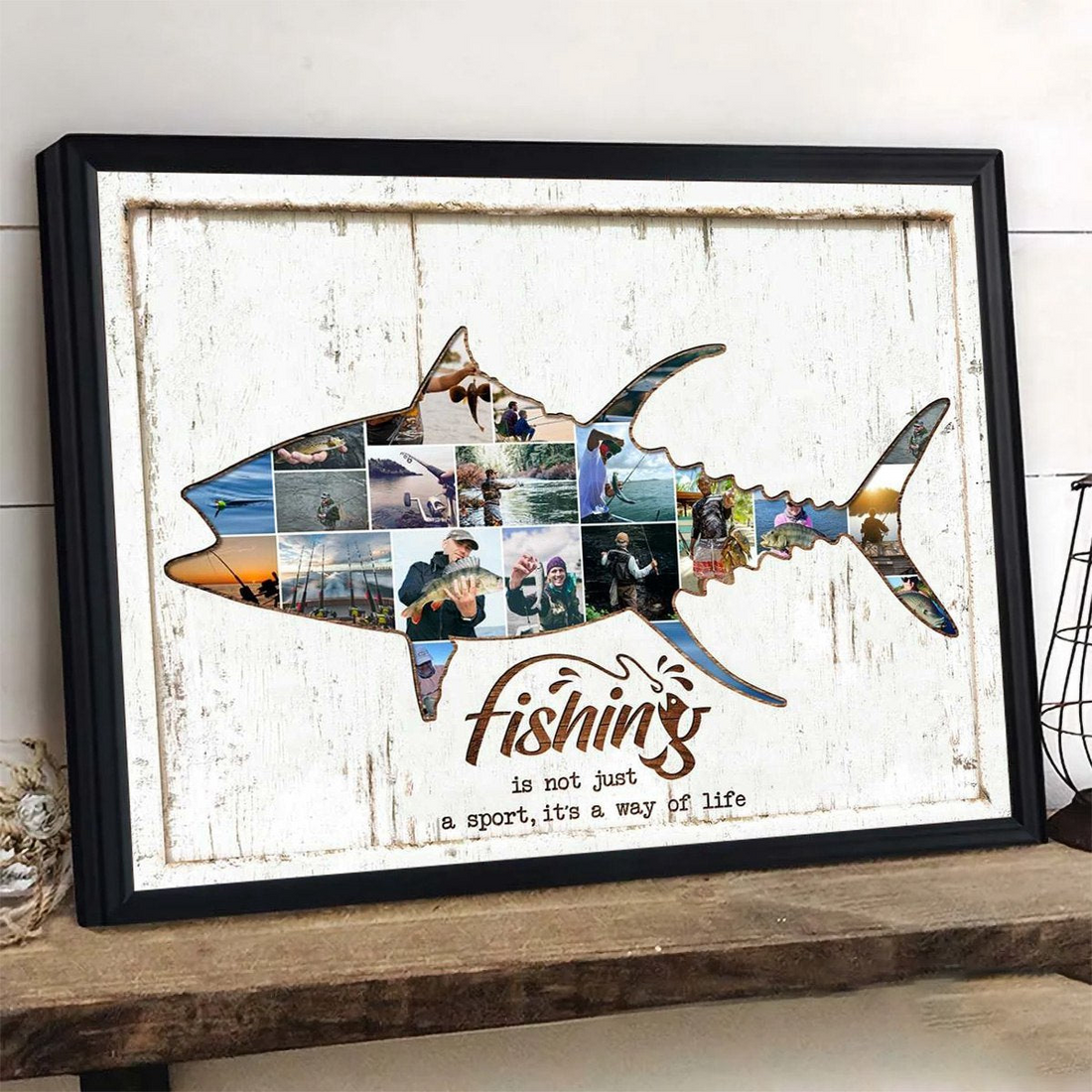 Custom Photo Fishing poster, a woman hanging the framed print on a wall