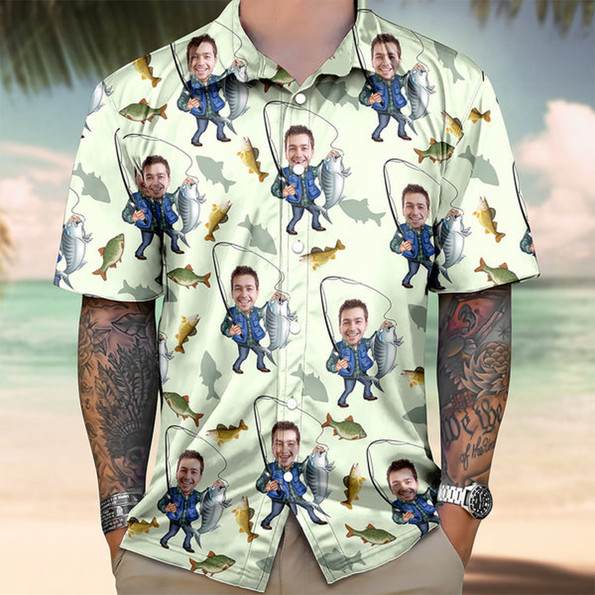 Custom Photo Human Face Bass Fishing Hawaii Shirt - Personalized Gifts for Fisherman, Fishing Lovers