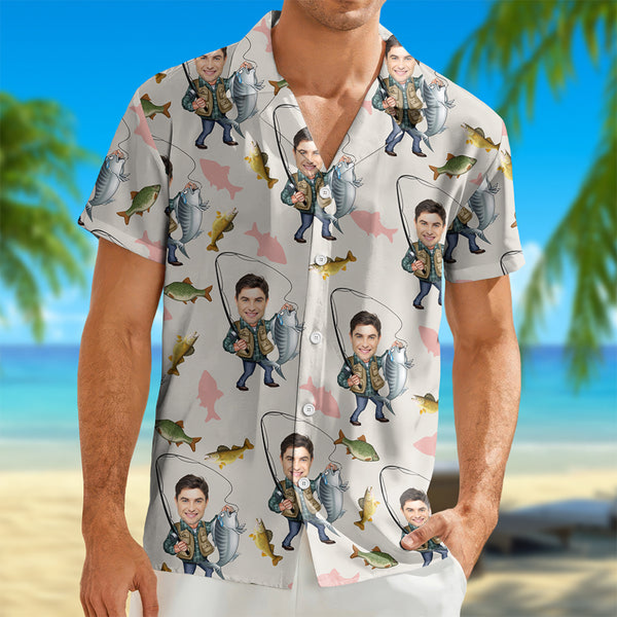 Custom Photo Human Face Bass Fishing Hawaii Shirt - Personalized Gifts for Fisherman, Fishing Lovers