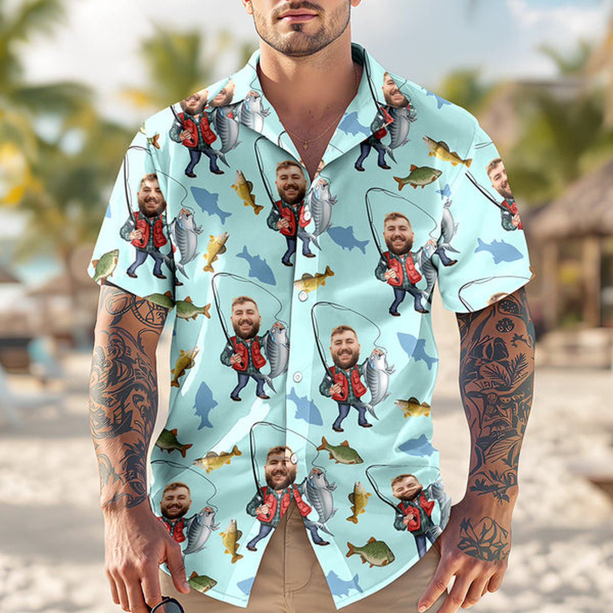 Custom Photo Human Face Bass Fishing Hawaii Shirt - Personalized Gifts for Fisherman, Fishing Lovers