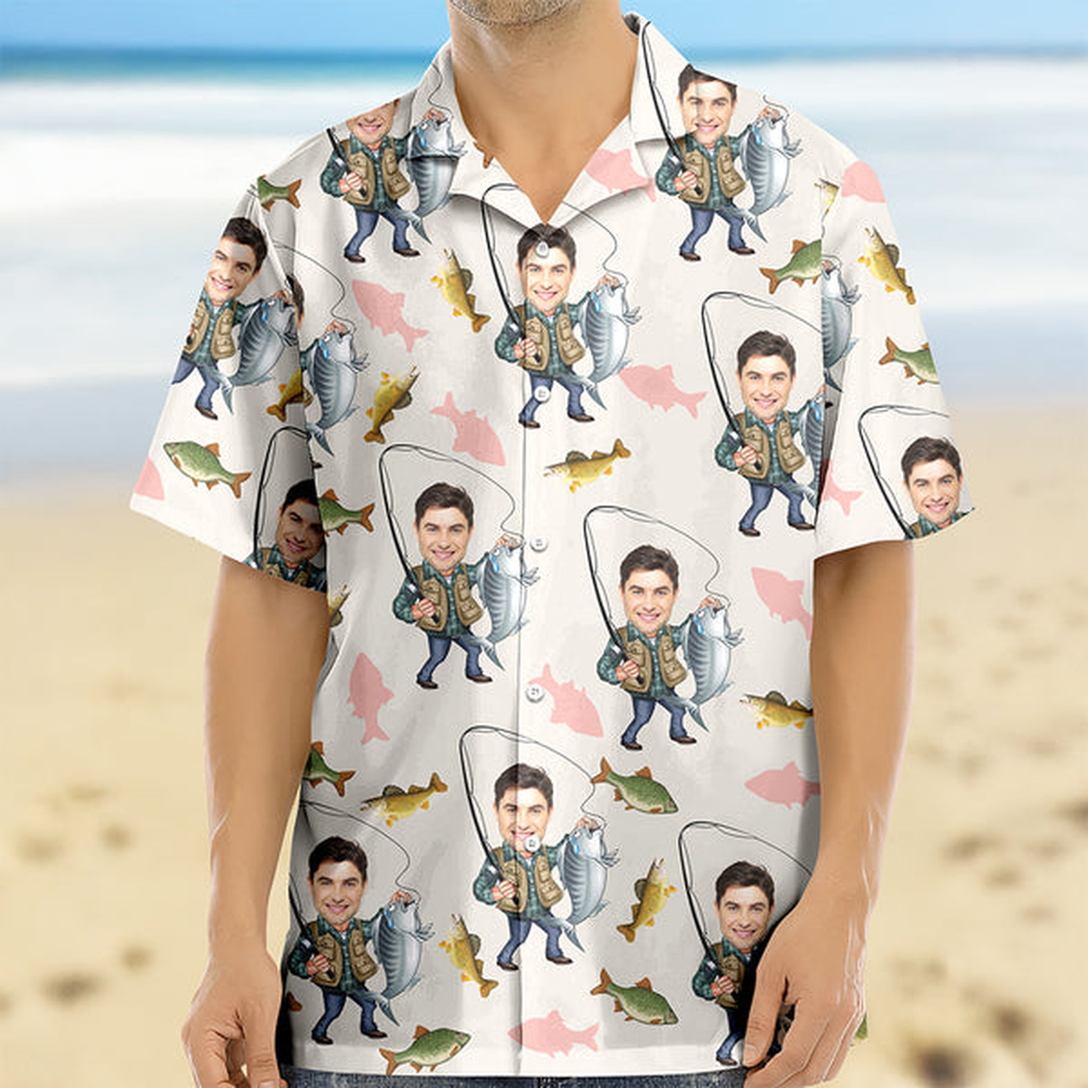 Custom Photo Human Face Bass Fishing Hawaii Shirt - Personalized Gifts for Fisherman, Fishing Lovers