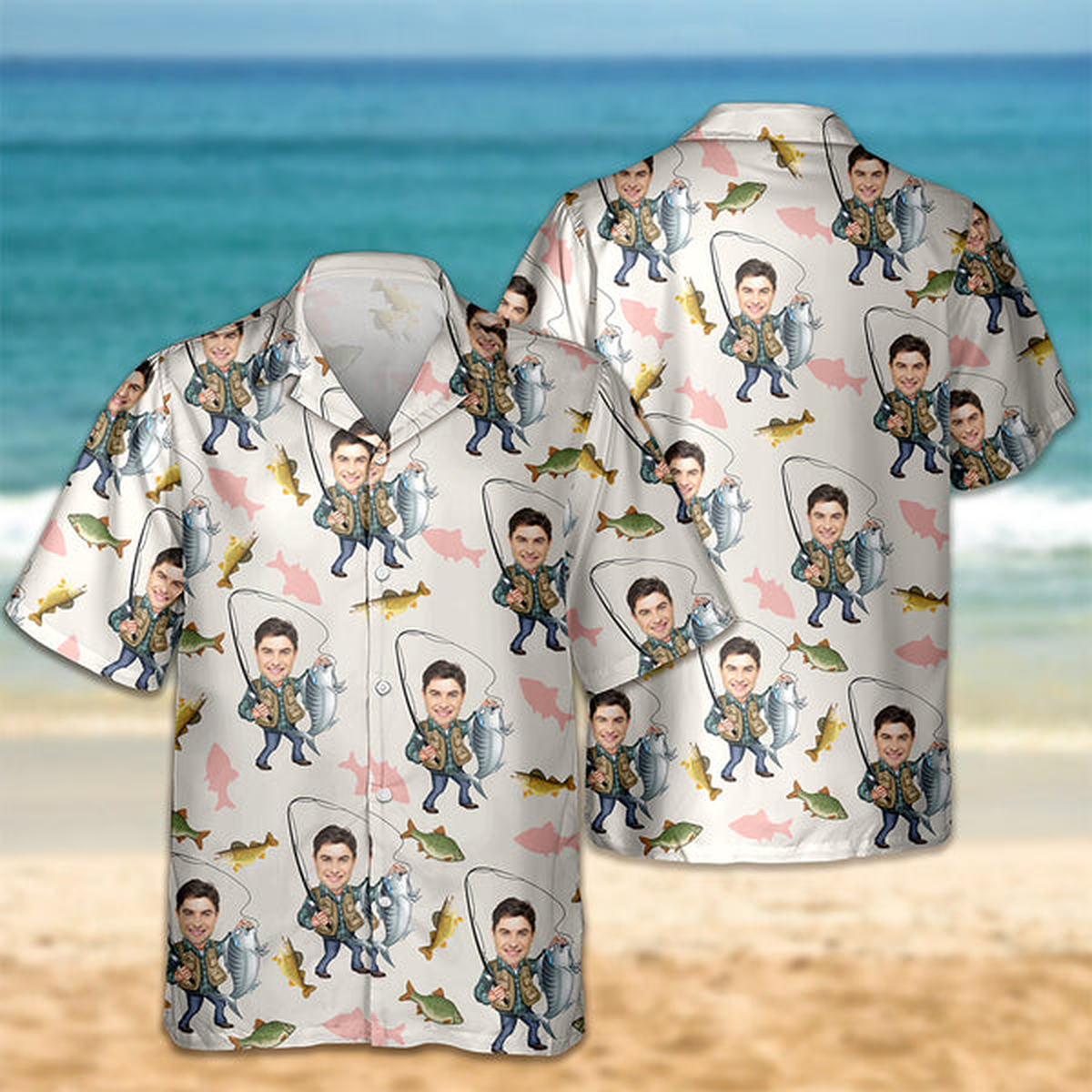 Custom Photo Human Face Bass Fishing Hawaii Shirt - Personalized Gifts for Fisherman, Fishing Lovers