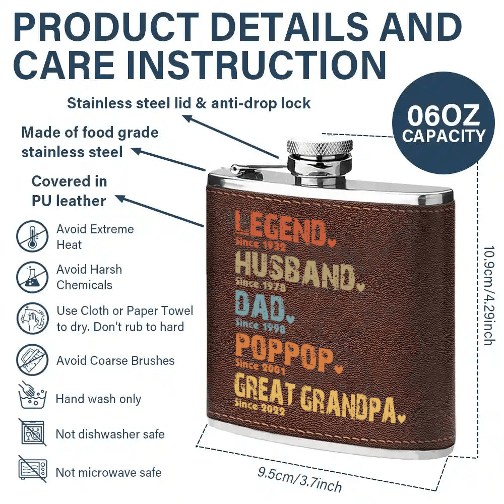 The Amazing Journey Of A Man - Personalized Custom Year Leather Hip Flask - Father's Day Gift for Family Members Grandpa, Dad, Boyfriend, Husband, Uncle - Suzitee Store