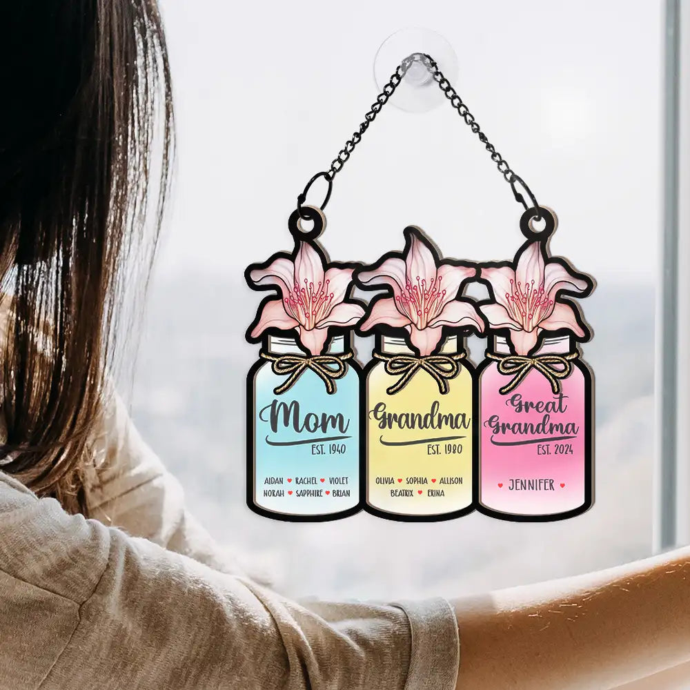 Flower Mason Jar Mom Grandma Great Grandma - Personalized Window Hanging Suncatcher Ornament - Gift For Mom, Mama, Mommy, Grandma