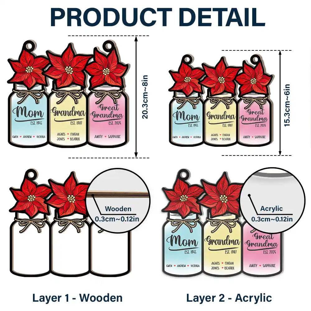 Flower Mason Jar Mom Grandma Great Grandma - Personalized Window Hanging Suncatcher Ornament - Gift For Mom, Mama, Mommy, Grandma