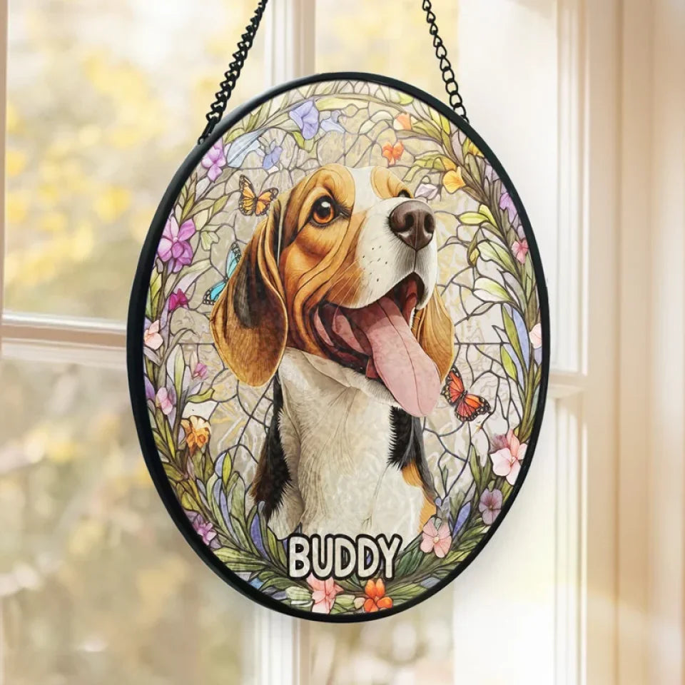 Custom Photo Forever In My Heart, Dear Friend - Personalized Stained Glass Window Hanging Suncatcher - Memorial Gift For Dog Lovers, Cat Lovers, Pet Lovers