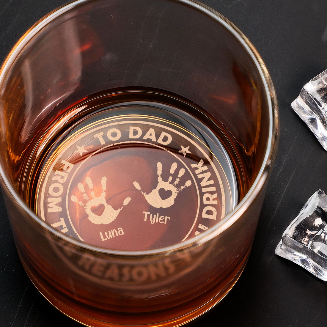 Personalized From The Reasons You Drink engraved whiskey glass, alternate view 3