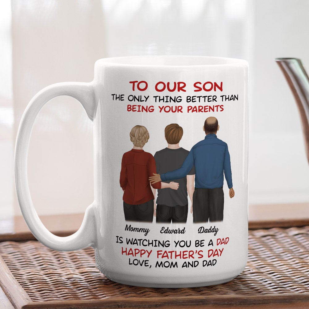 Personalized From Parents To Son Happy Fathers Day mug, alternate view 3