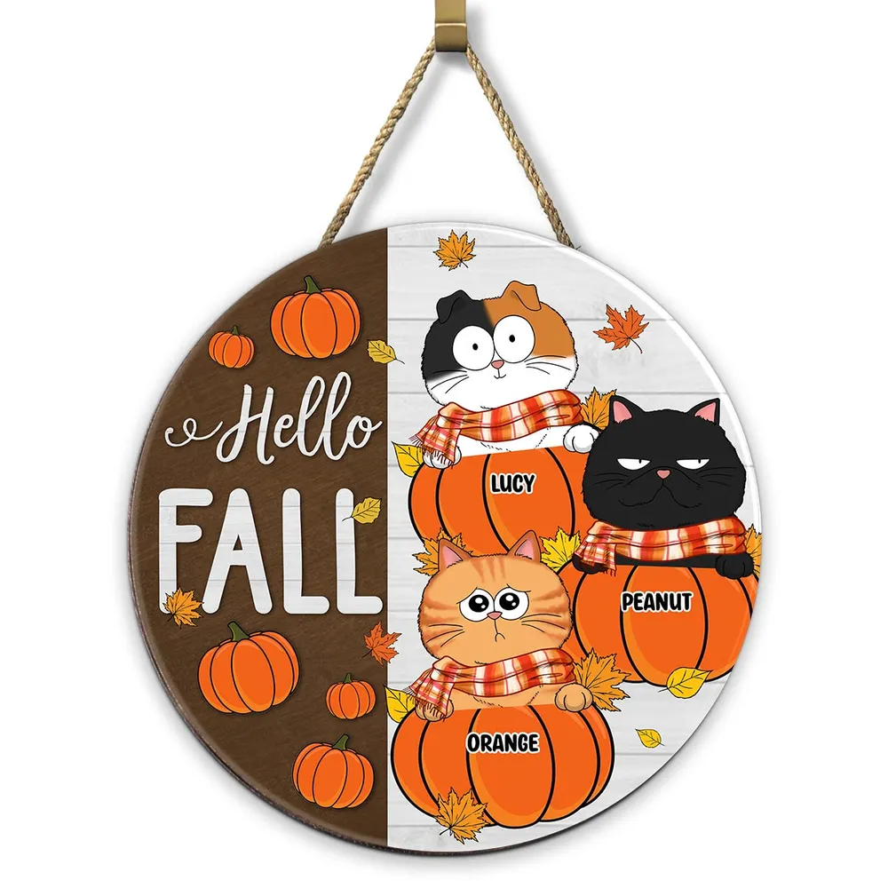 Funny Cats Hello Fall - Personalized Round Wood Sign - Gift for Cat Lovers, Cat Mom, Cat Dad