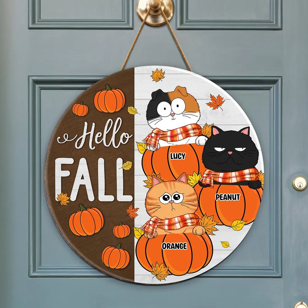 Funny Cats Hello Fall - Personalized Round Wood Sign - Gift for Cat Lovers, Cat Mom, Cat Dad