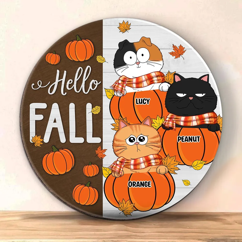 Funny Cats Hello Fall personalized round wood sign, alternate view 3