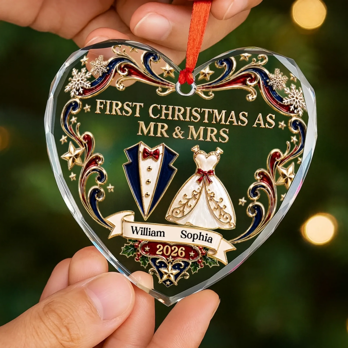 Gather Love Celebrate Couple Christmas - Personalized Glass Ornament - Engaged Newlywed 1st Xmas Gift for Her/Him, Husband/Wife, Couples