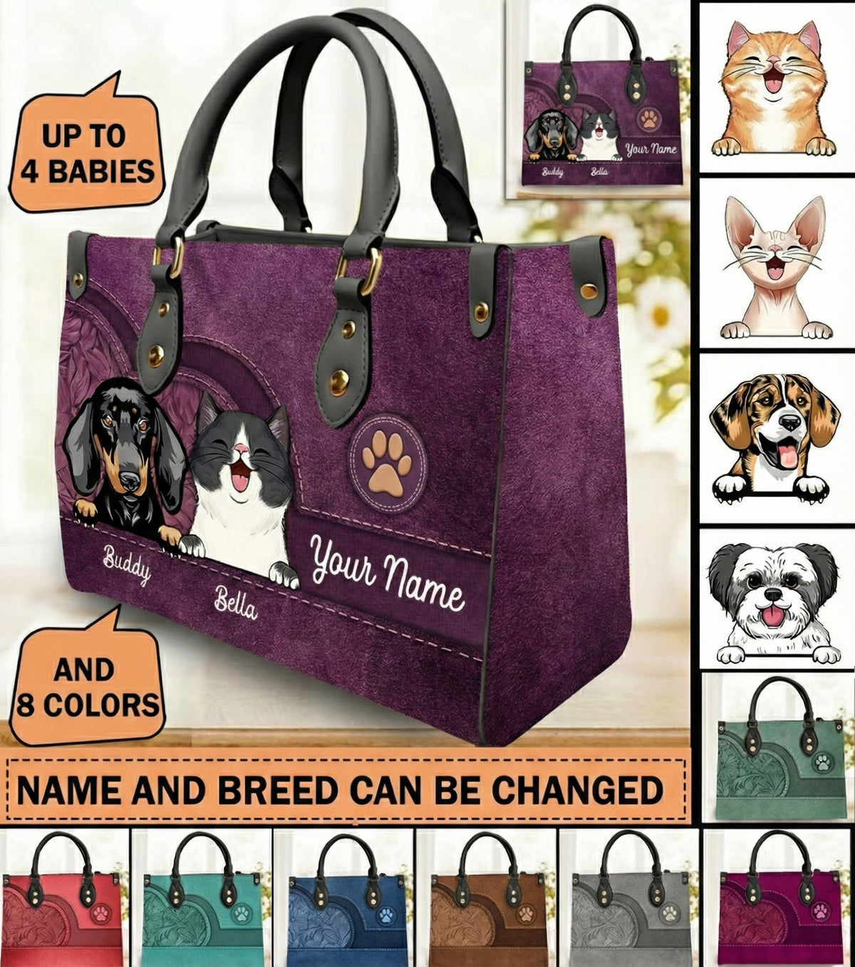 Dog &amp; Cat Personalized Leather Handbag - Personalized Gift for Dog/Cat Lovers, Dog/Cat Mom, Pet Lovers