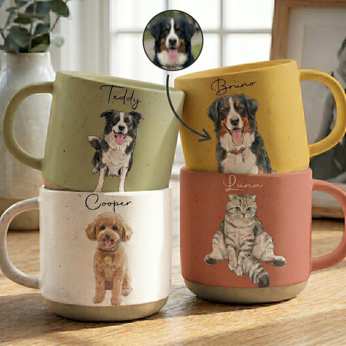 Custom Photo Pet Portrait Watercolor - Personalized Pottery Mug - Gift for Dog/Cat Lovers, Dog/Cat Mom, Pet Lovers