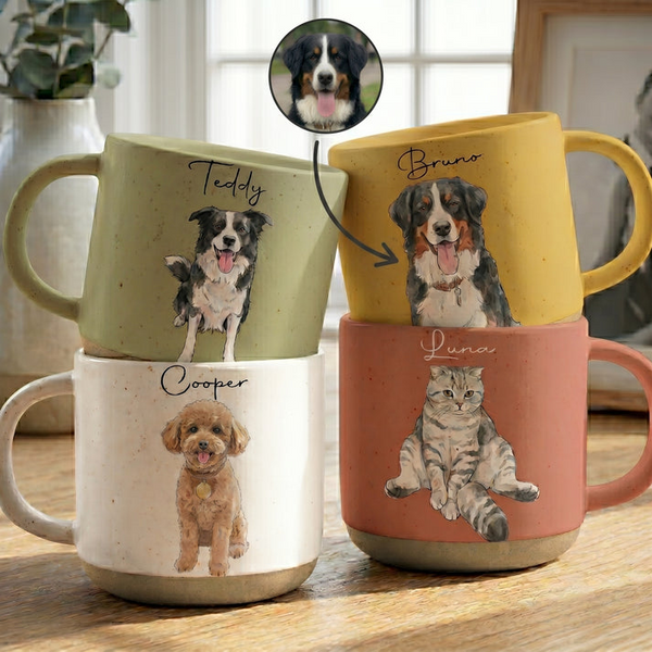 Custom Photo Pet Portrait Watercolor - Personalized Pottery Mug - Gift for Dog/Cat Lovers, Dog/Cat Mom, Pet Lovers