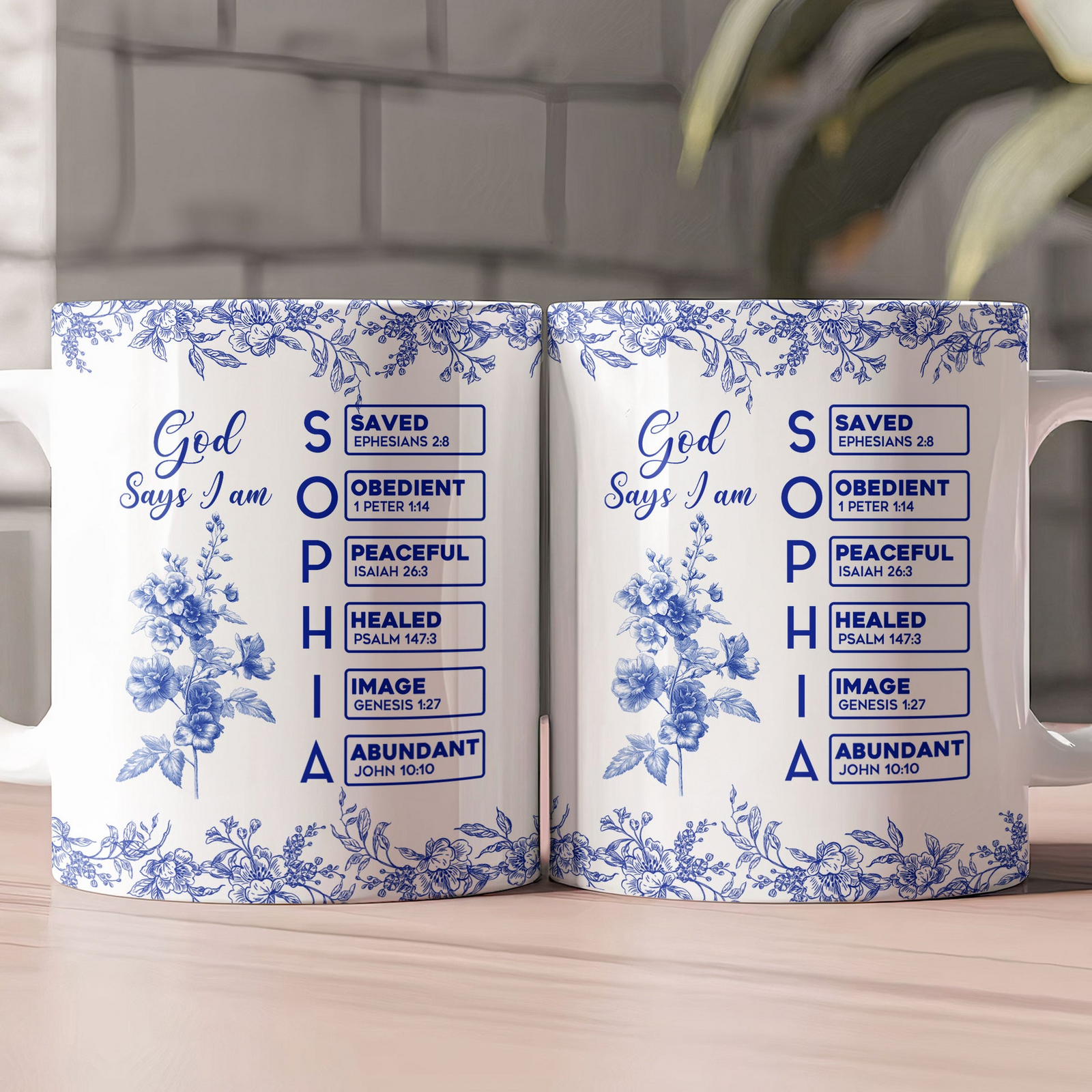God Says I Am Name Letter In Bible Birth Flower Toile De Jouy Style - Personalized Mug - Christian Gift, Bible Verses
