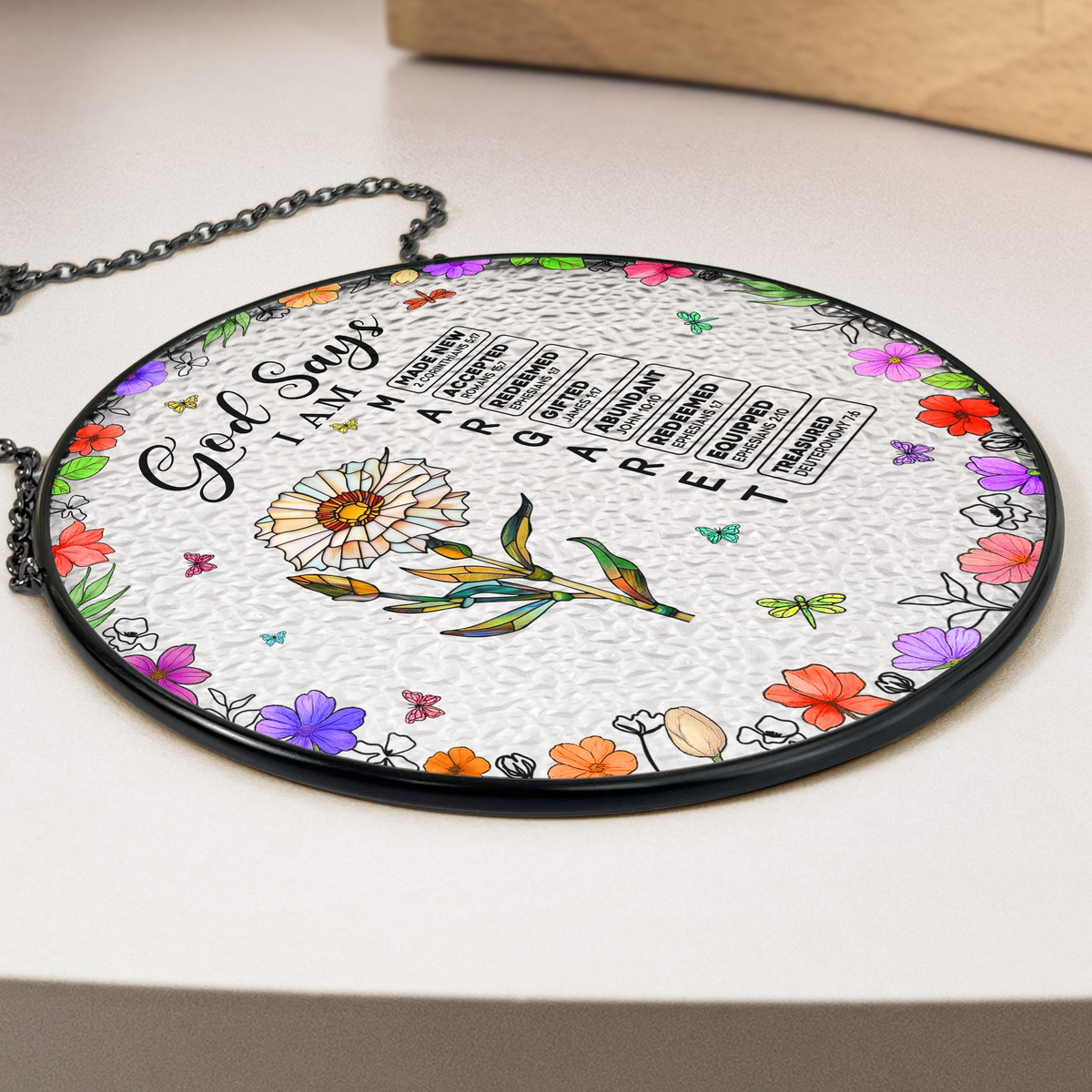 God Says I Am Name Letter In Bible - Personalized Stained Glass Window Hanging Suncatcher - Christian Gift, Bible Verses