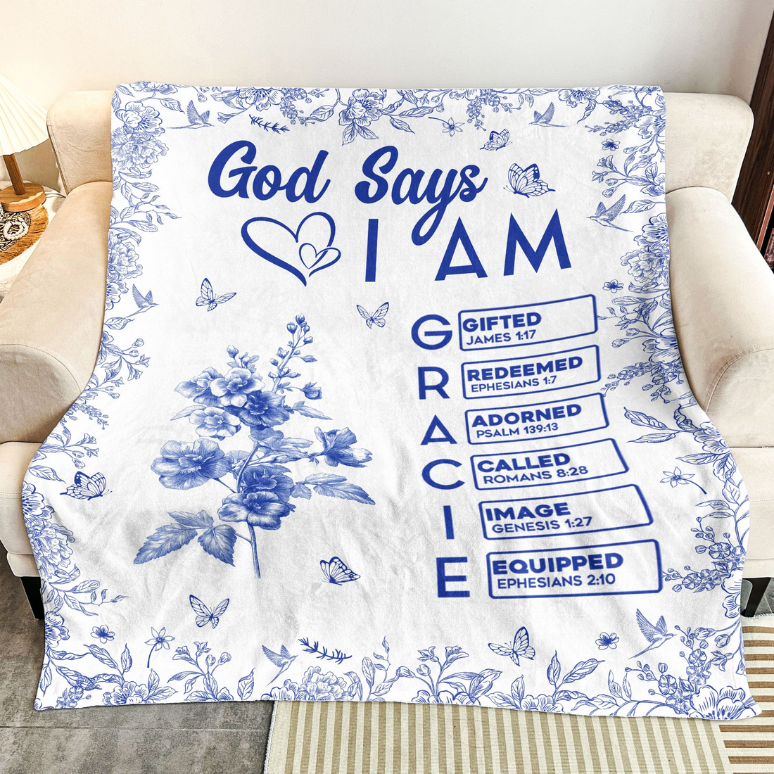Personalized God Says I Am Name Letter In Bible Birth Flower Toile De Jou fleece blanket, spread across a bed